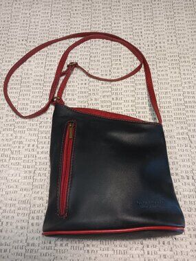 Made In Italy Genuine Leather Black & Red Small Crossbody Bag Purse